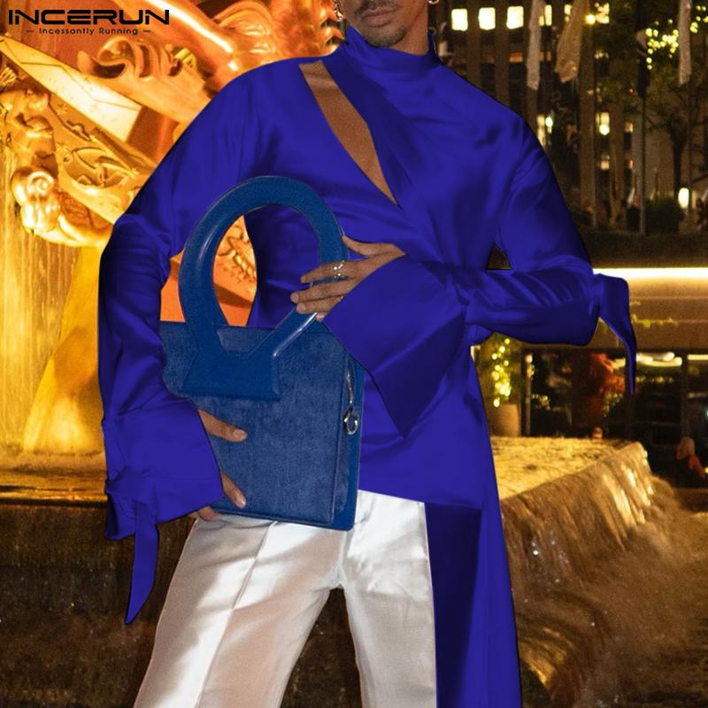 INCERUN Men Long Sleeve Cutout Satin Shirts Casual Solid Color Tops
