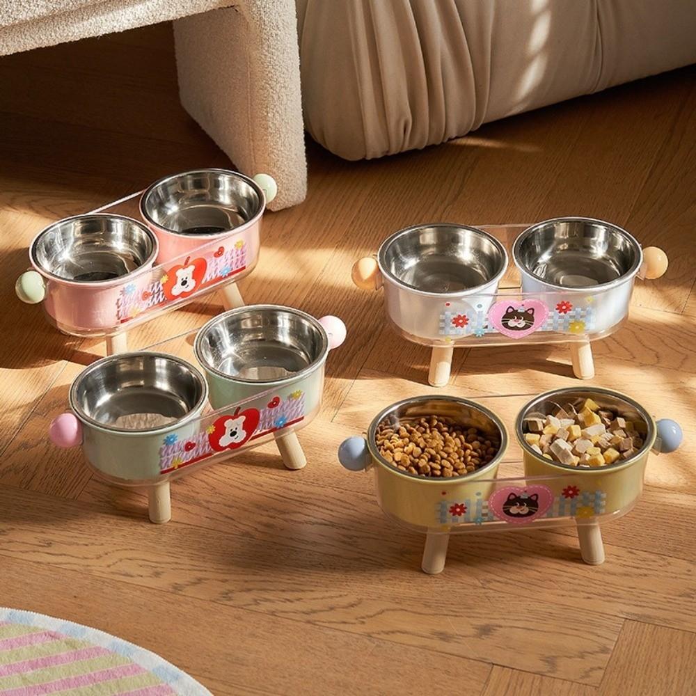 Stainless Steel Elevated Cat Bowl Double Bowls Non-Slip Neck Protection Bowl Neck Support Cute High Foot Dog Feeder Easy Clean