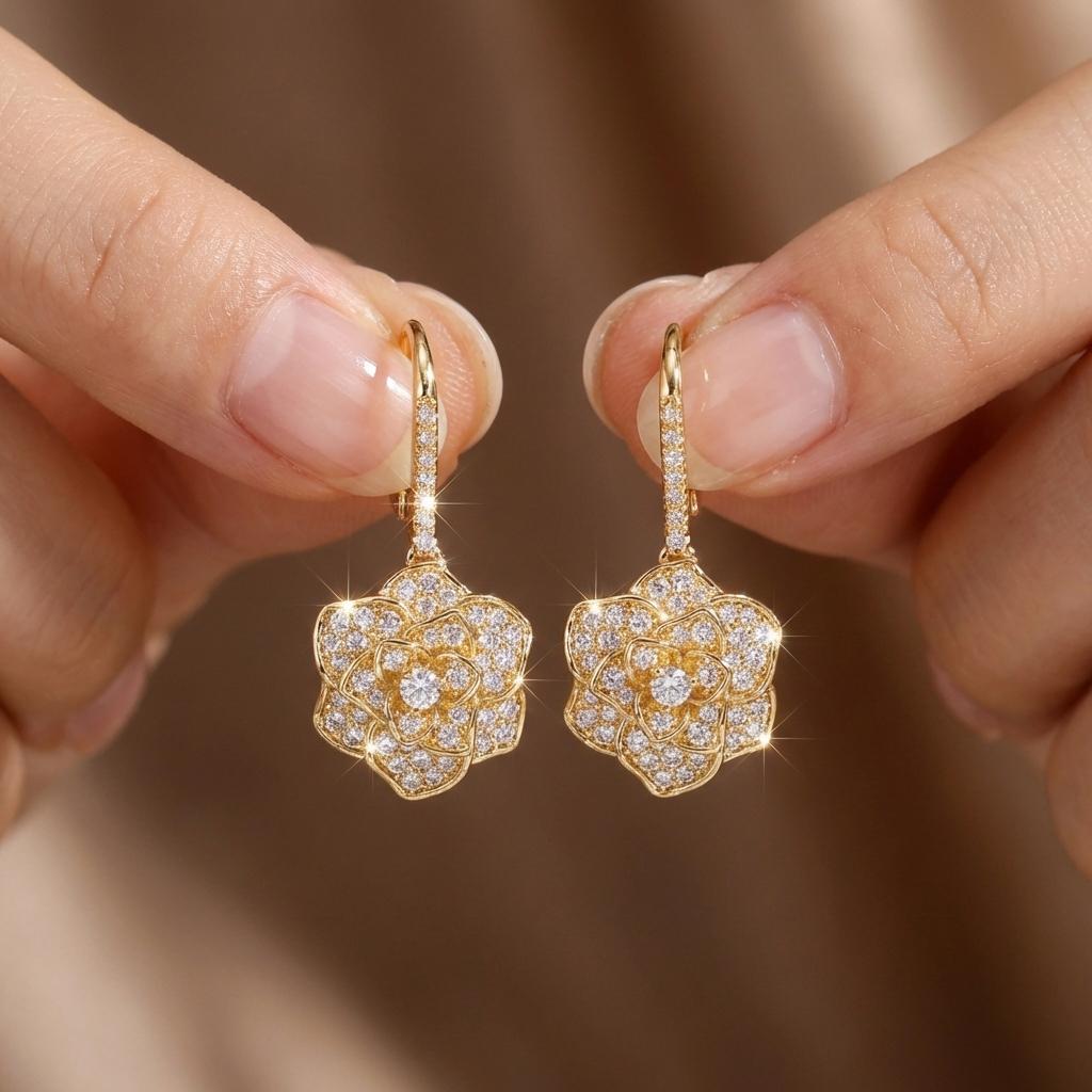 

Light Luxury Inlaid CZ Zircon Camellia Flower Drop Earrings For Women Brilliant Floral Dangle Earring Wedding Party Jewelry Gift