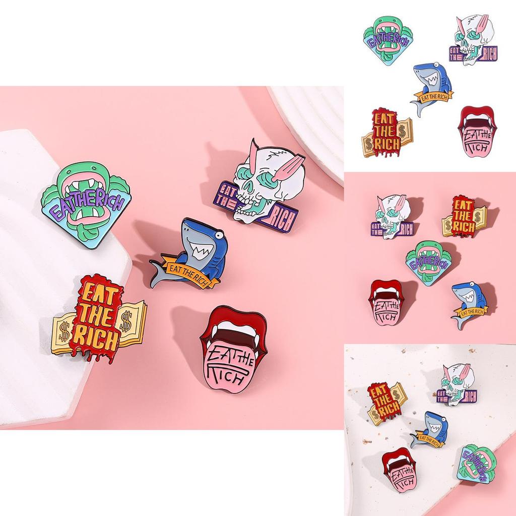 Adorable Cartoon Shark Skull Metal Brooch Featuring Cute Lips Design For Fashionable Accessories