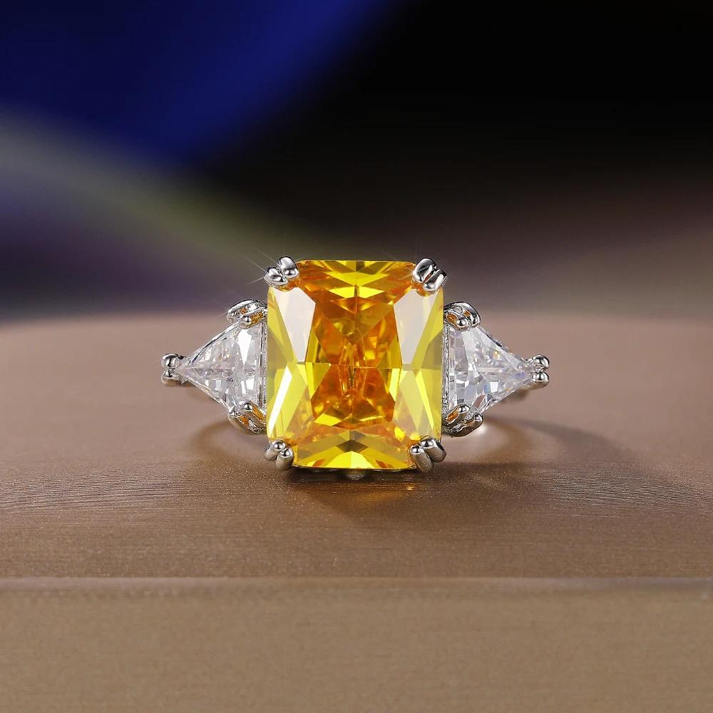 Anéis Huitan de Zircônia Cúbica Amarela com Formato Geométrico Cor Prata Alianças de Casamento para Mulheres Acessórios Brilhantes Joias de Festa