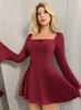 Women's Square Neck Long Sleeve Mini Dress Slim High Waist Elegant Ribbed Knit A-Line Dress Bow Front Casual Flare Sleeve Dress 2025 Fall Outfit