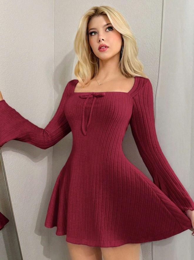 Women's Square Neck Long Sleeve Mini Dress Slim High Waist Elegant Ribbed Knit A-Line Dress Bow Front Casual Flare Sleeve Dress 2025 Fall Outfit