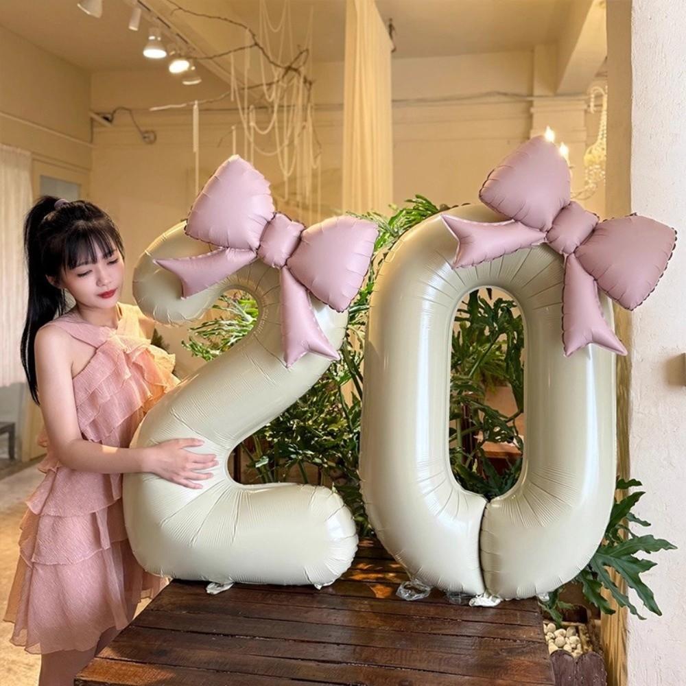 40 Inch Number 0-9 Balloon with Light Pink Bow Cream White Aluminum Foil Balloons New Year Decorations Birthday Party Balloons