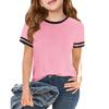 Girls Fashion Short Sleeve Round Neck Color Blocking Casual T-Shirt Top