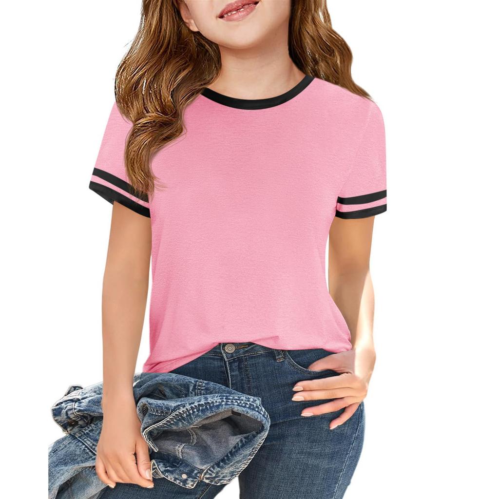 Girls Fashion Short Sleeve Round Neck Color Blocking Casual T-Shirt Top