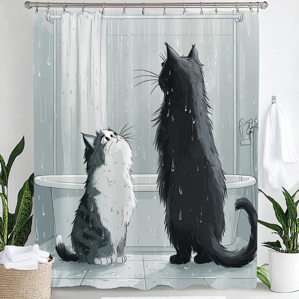 Cartoon Niedliche Katze für Badezimmer Duschvorhang, Dekorativer Duschvorhang, Bedruckter Stoff Vorhang für Zuhause Mit Haken