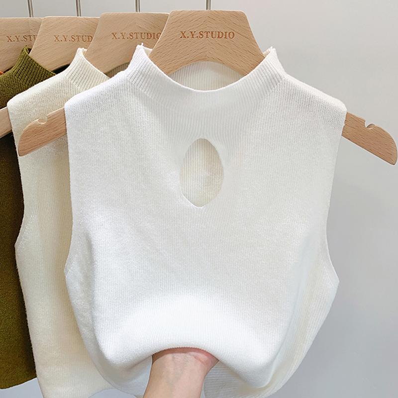 Fashion Half Turtleneck Hollow Out Knitted Tank Top Summer Women Casual Solid Color Sleeveless Vest