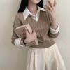 Shirt Collar Splicing Fake Two-piece Knitted Sweater Women's New Spring and Autumn Short Pullover