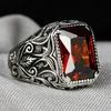 New Vintage Handmade Turkish Signet Ring for Men Women Ancient Silver Color Carved Ring Red Yellow Zircon Inlay Punk Motor Biker