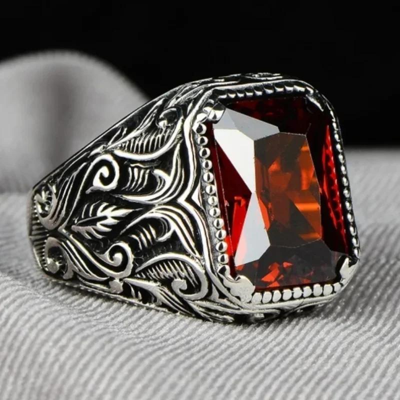 New Vintage Handmade Turkish Signet Ring for Men Women Ancient Silver Color Carved Ring Red Yellow Zircon Inlay Punk Motor Biker