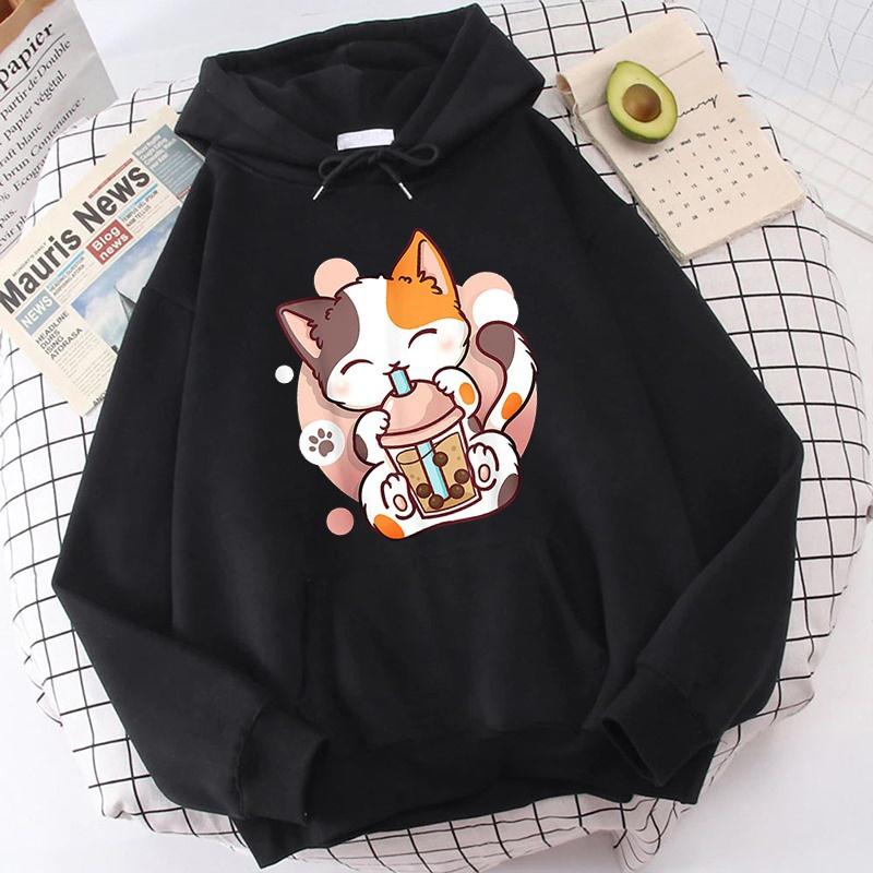 

Женские худи с котиком и чаем боба для осени и зимы, повседневные спортивные женские худи-топы 3XL