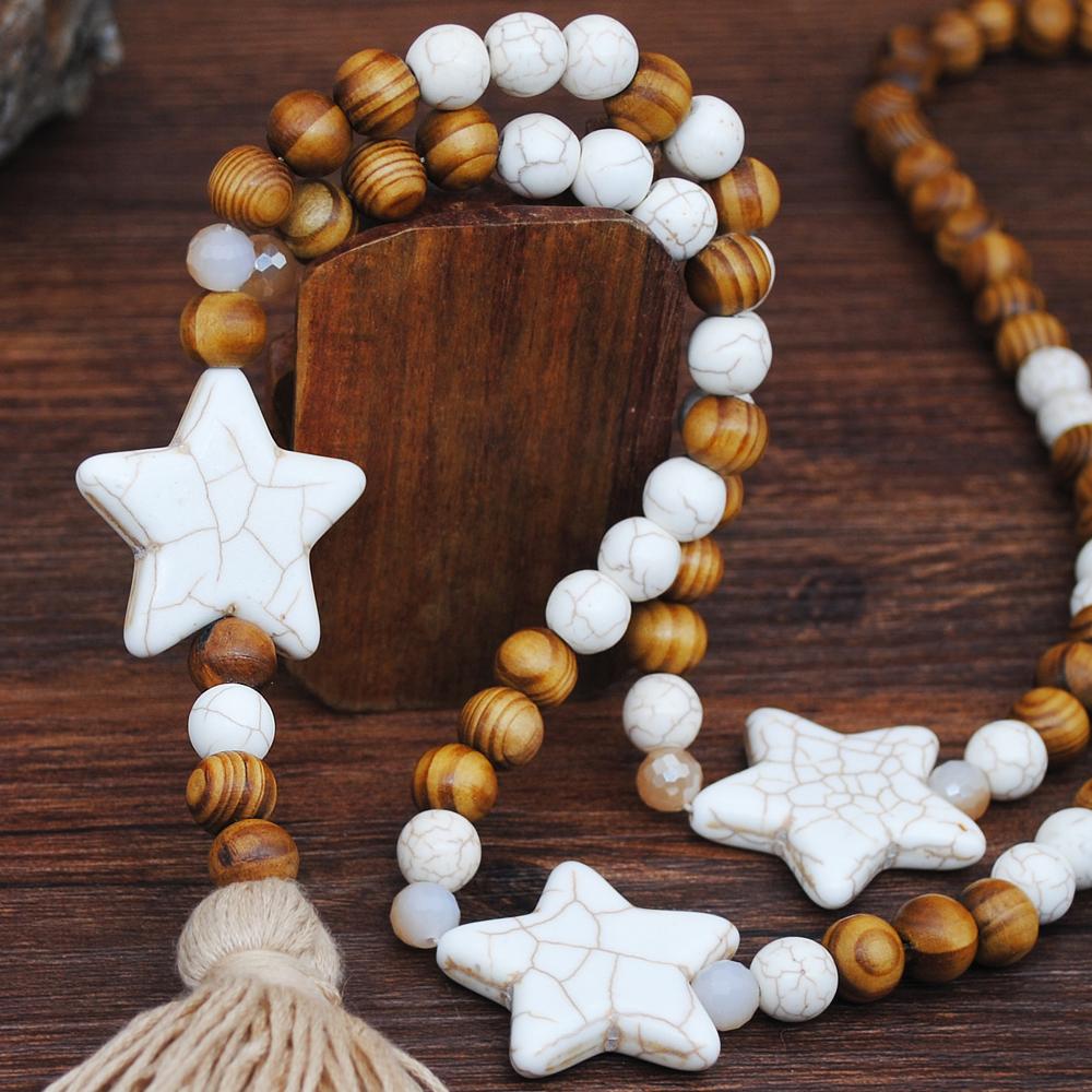 Ethnic Vintage Wooden Beaded Sweater Chain Necklace Natural Stone Charms Handmade Tassel Women Beach Dresses Accessory Gifts