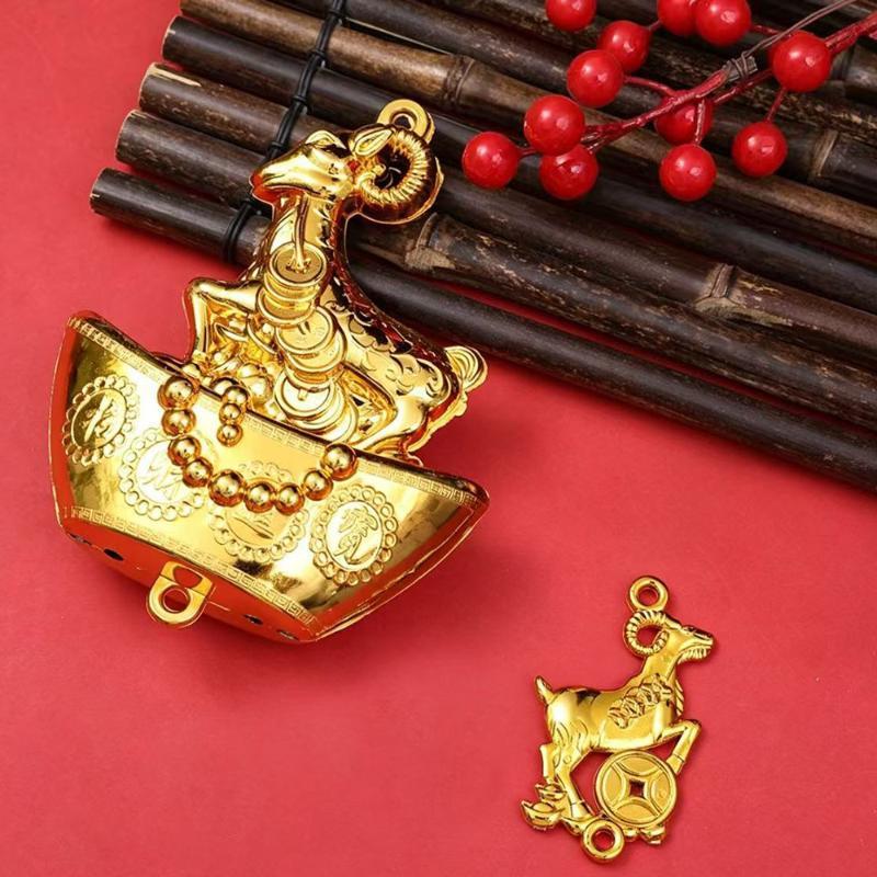 1PcsChinese New Year Golden Goat Hanging Decorations With Lucky Fu Elements Red Tassels For Spring Festival Home Wall Car Decor