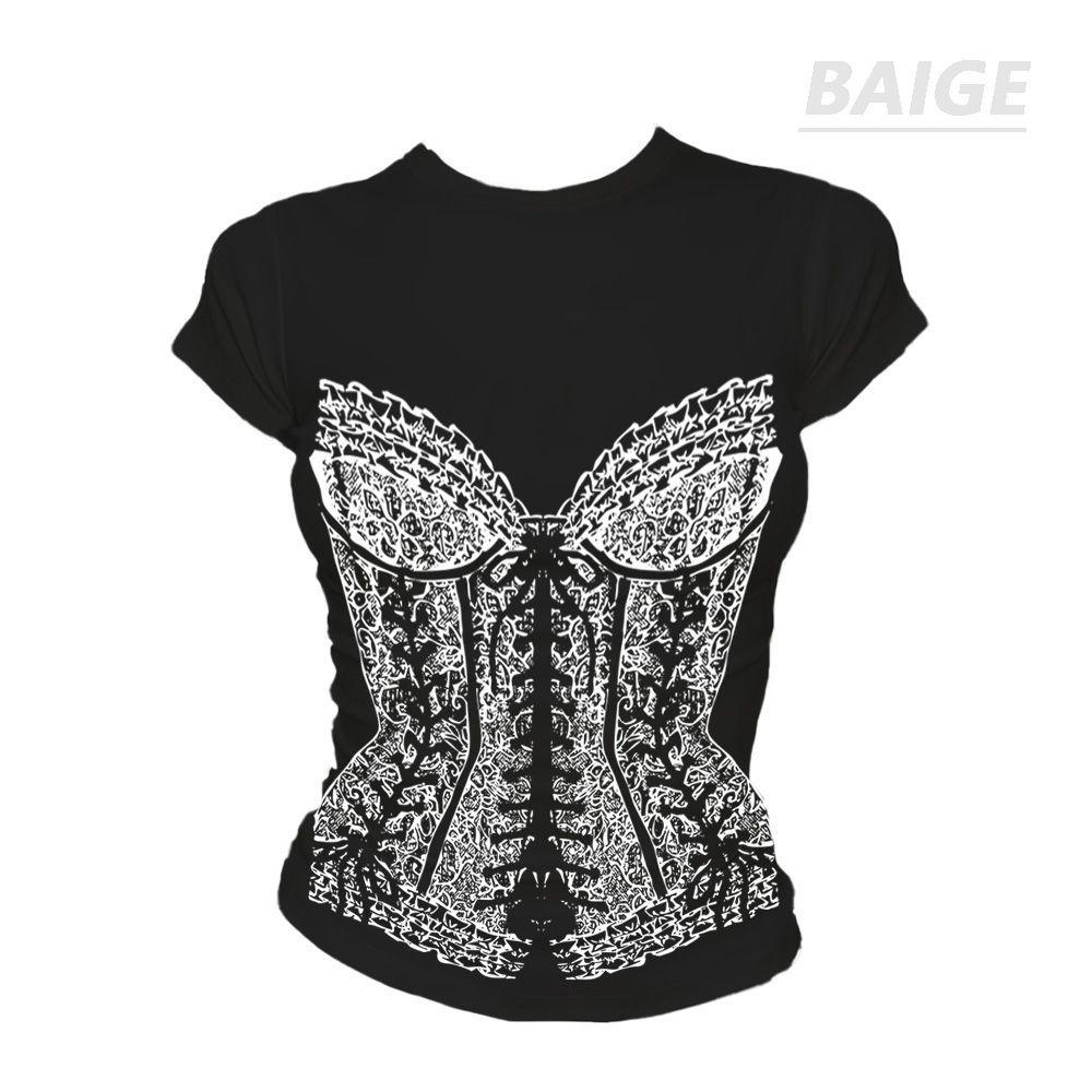 

American Street Style Slim Fit Printed T-Shirt: Trendy Round Neck Short Sleeve Top Small чорний