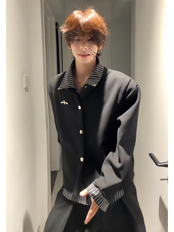 Men's Black Faux Two-Piece Hoodie Cardigan - Street Style, High-End Feel, Striped Patchwork Shirt, American Cleanfit Jacket