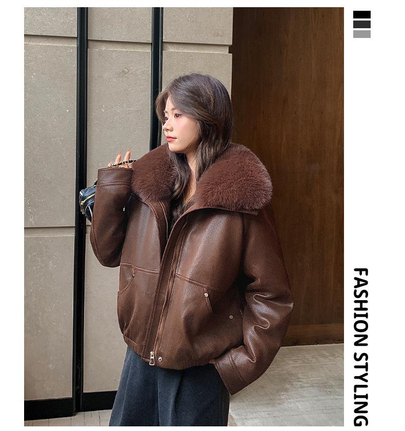 Women's Autumn Winter PU Leather Jacket, Quilted Lining Thickened Warm Cold-proof Detachable Big Faux Fur Collar Leather Coat