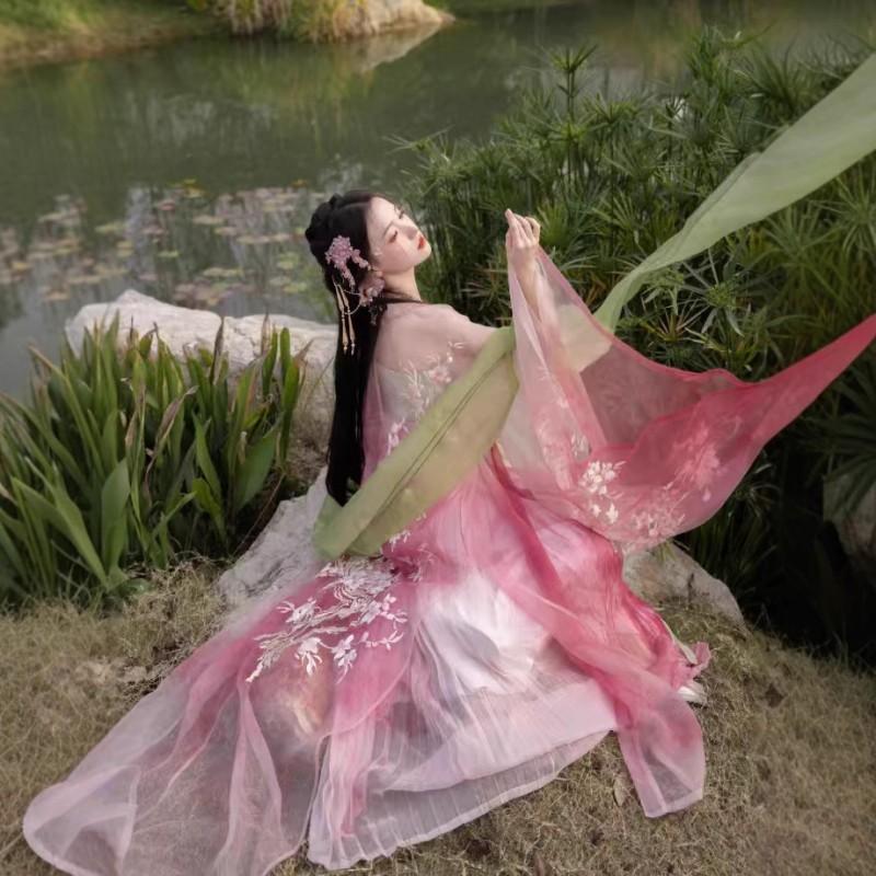 Traditional Chinese Tang Dynasty Style Hanfu Dress With Embroidered Floral Gradient Pink Skirt Wide Sleeves