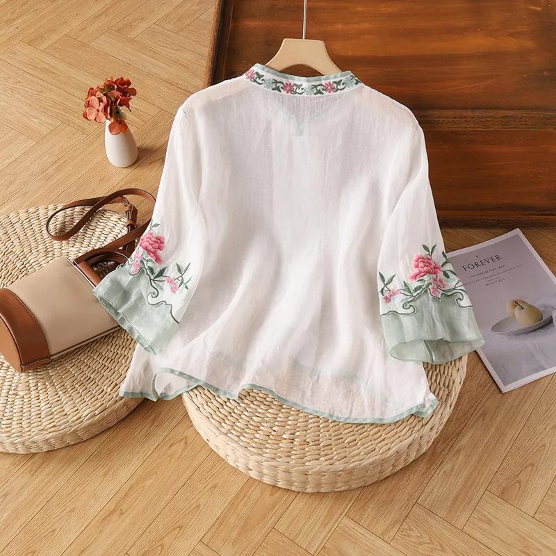 Sommer Baumwolle Leinen Literarisch Retro Besticktes Hemd Damen Scheibenknopf Strickjacke Hemd Cropped Top Nationaler Stil Locker
