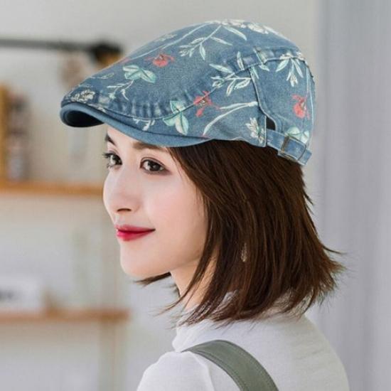 Retro Lady Denim Newsboy Cap Floral Print Beret Flat Hat Ethnic Cabbie Baker Boy