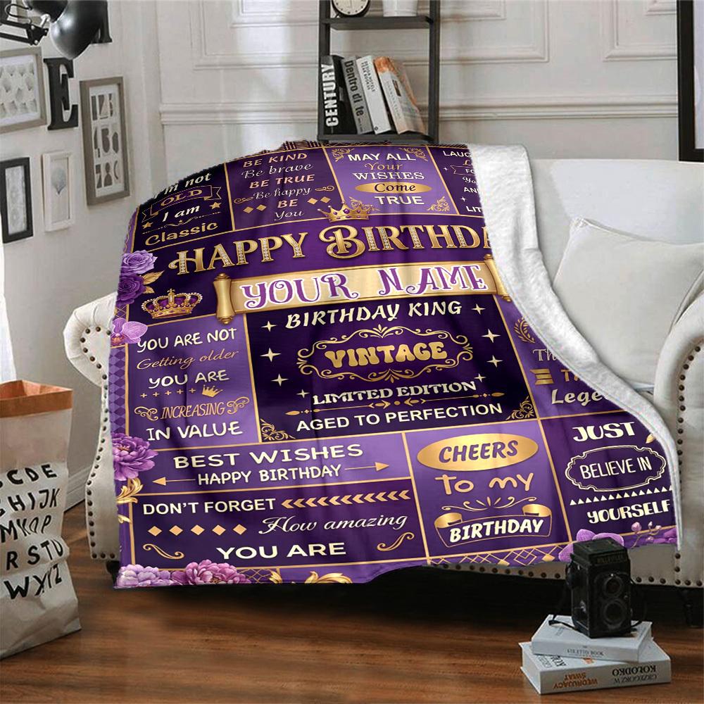 Vintage Birthday Celebration Blanket Personalized Name Soft Warm And Versatile For Sofa Bed Office And Travel Machine Washable Comfortable In All