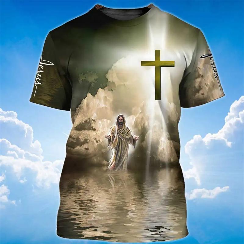 Fashion 3D Jesus Cross Print T Shirt For Men Christianity God Graphic Oversized T-shirts Daily Casual O-neck Short-sleeved Tops