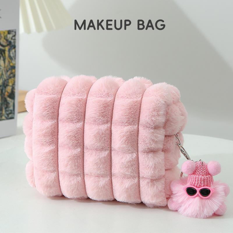 

Large Capacity Plush Makeup Bag with Pom Pom, Soft Touch Pink Cosmetic Bag for Travel & Home Use, Cute & Practical Design for Women