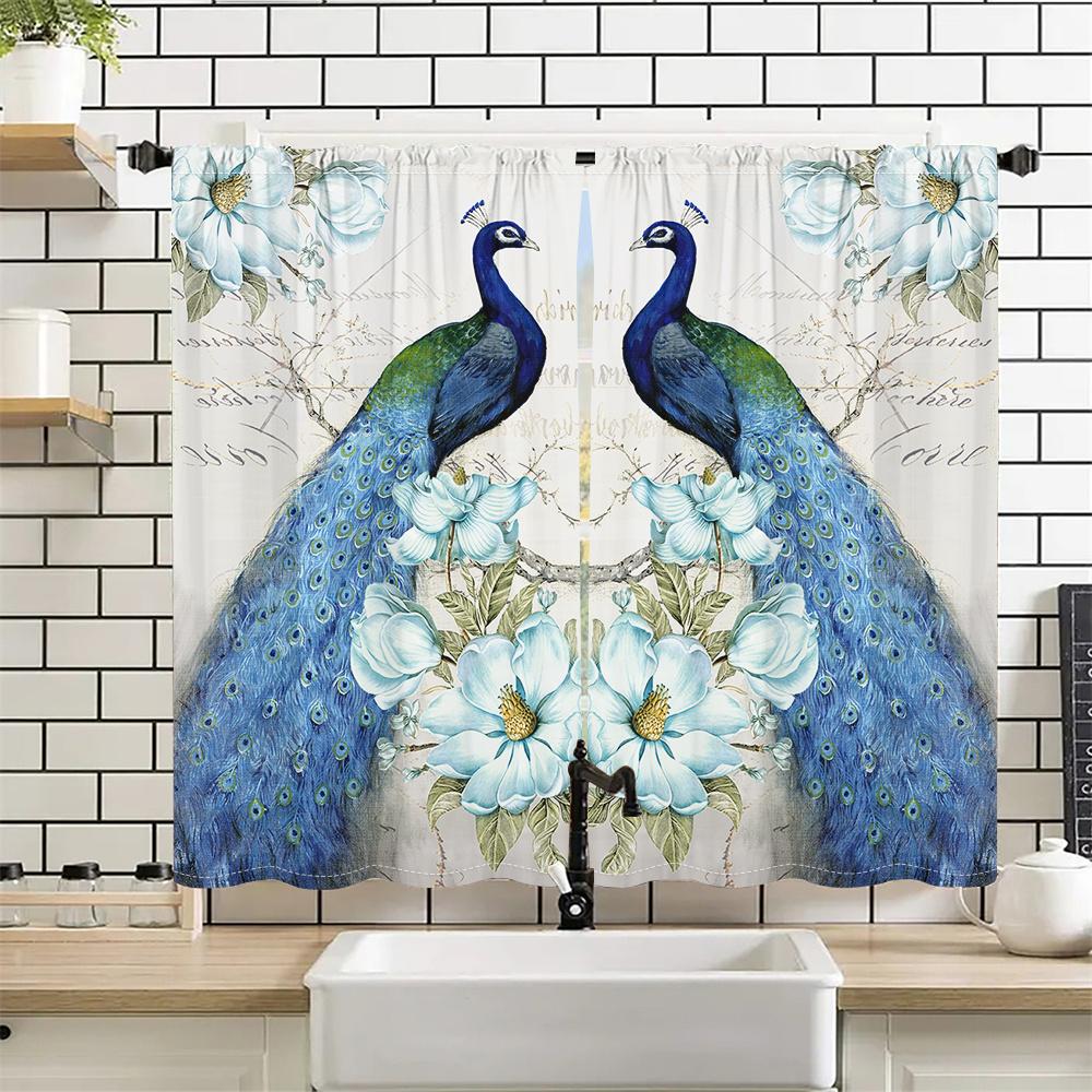 2Pcs Elegant Peacock Curtains Blue White Floral Pattern Living Room Bedroom Dining Room Sunshade Vintage Art Style Decor Curtain