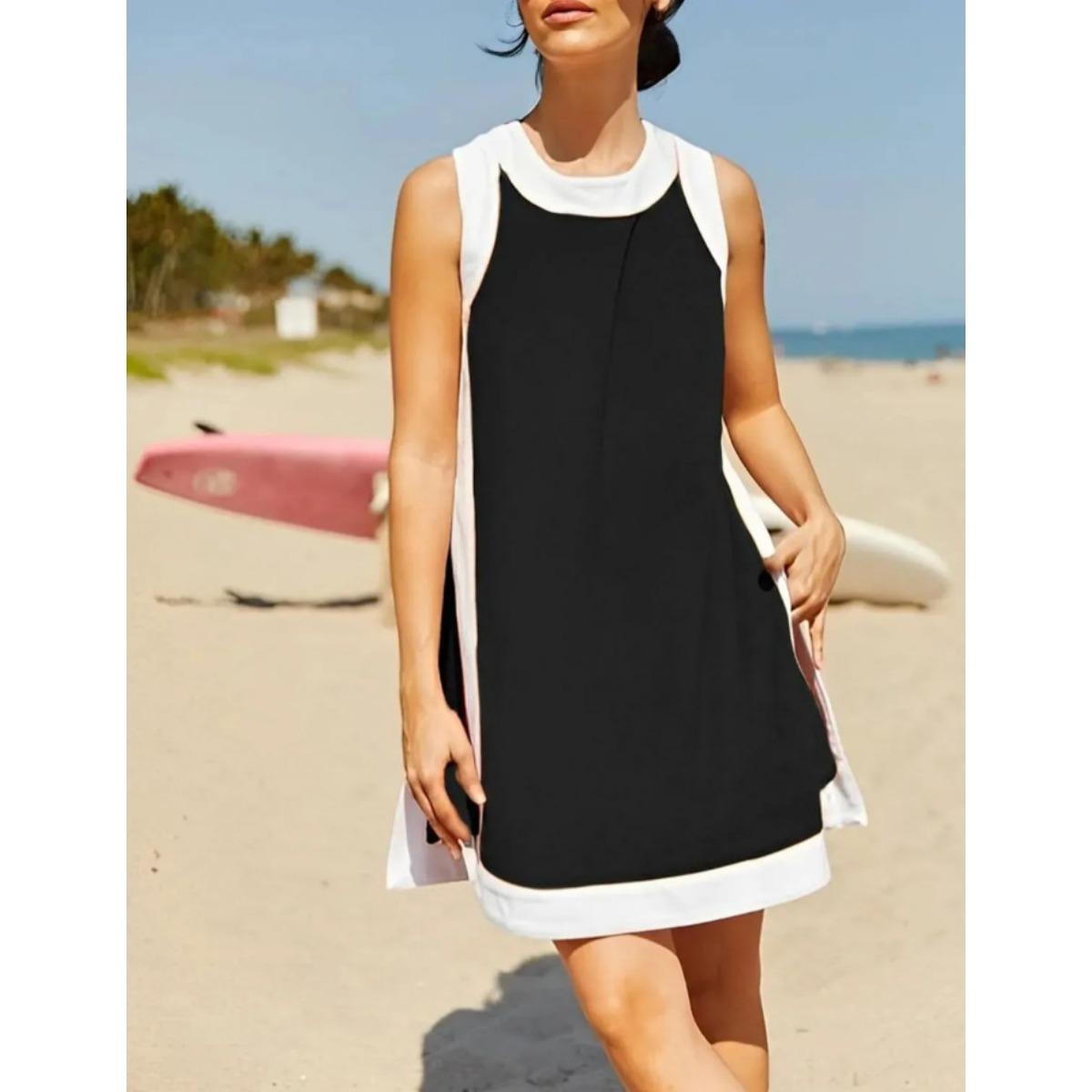 Summer Women s 2 Pieces Set Colorblock Crew Neck Sleeveless Casual Top + Shorts Outfit XS