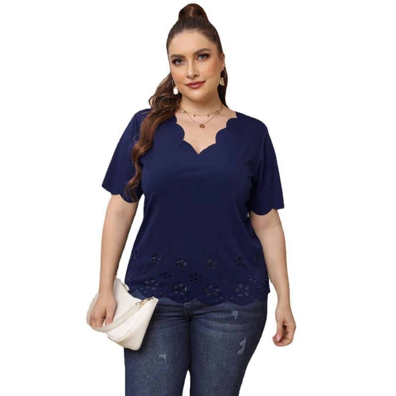 

Літні жіночі футболки з порожніми хвилями та глибокими V-подібними краями з короткими рукавами 4XL