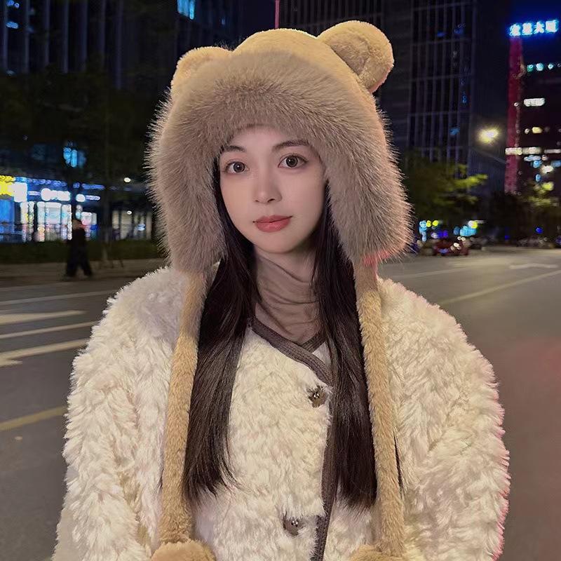 Cute Bear Plush Knit Hat Windproof Ear Cover Winter Riding Gear All-in-one Scarf Hat