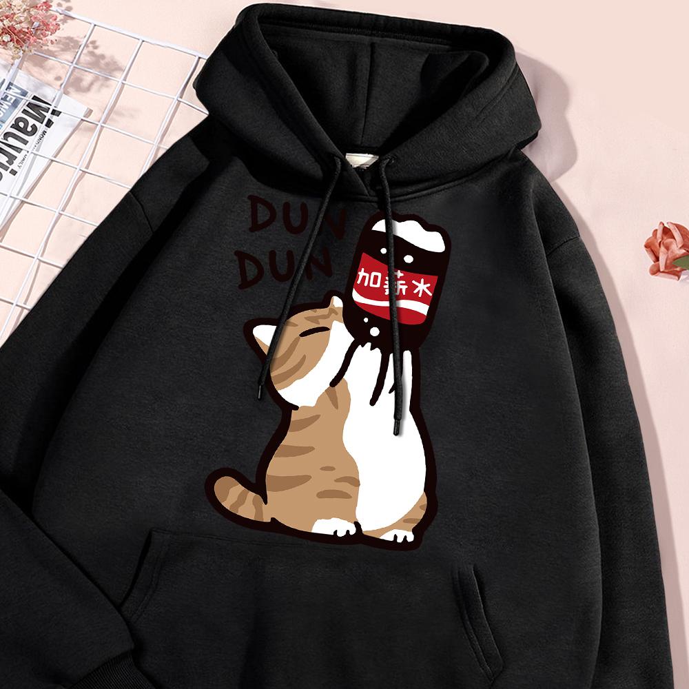 Salary Increase Fun Cat Print Hoody Men Women Casual Fleece Street Clothes Loose Warm Sweatshirt O-Neck Hoodie