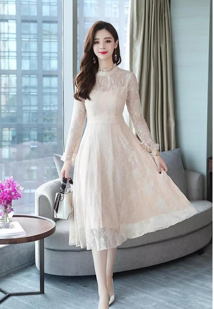 MATSUMIZUYU Lace Long Flare Dress with Long High and Lined for and and Fall Women's Sleeves, Sheer, Cute, Waist, Slimming, Stylish, Parties, Weddings,