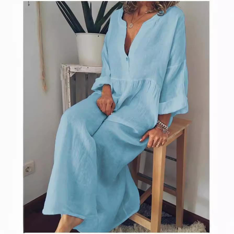 Female Solid Cotton Linen Dresses Holiday Stylish V Neck Long Dress Women Autumn Sundress