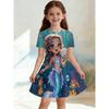 Girls 3D Crew Neck A-line Dress, Pink Castle Princess and Elf Print, Perfect for Parties and Birthday Gifts.