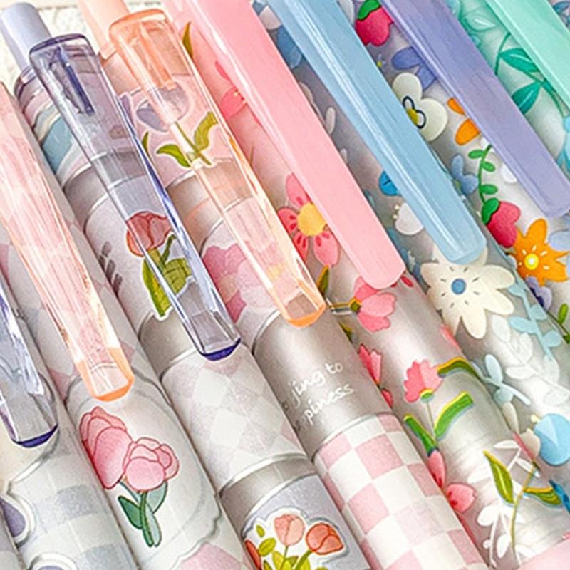 6 Pcs Retractable Gel Pen Floral Neutral Pen Black Ink Pressing Pen Quick-Drying Writing Pen Journaling Pen for Student