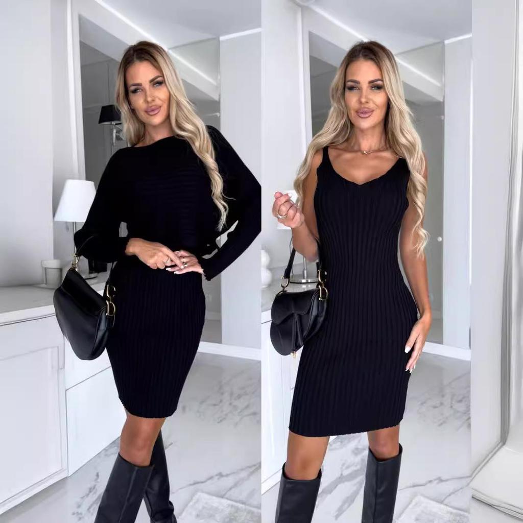 Fashion Women's Autumn Pit Stripe Long Sleeve Top Camisole Dress