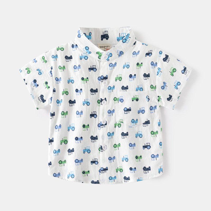Small Children s Clothing Summer Children s Short Sleeve Shirt Pure Cotton Boy s Full Printed Car Shirt Baby Boy s Stand Collar Half Sleeve Tops White 120