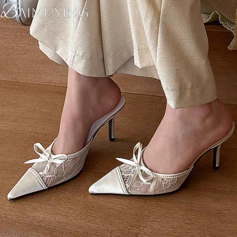 Bow Mesh Lace High Heels Slippers Pointed Toe Women Sandals Mules Shoes 2025 New Summer Trend Dress Pumps Sexy Sandalias Mujer