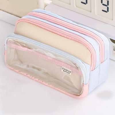 Japanese Style Pencil Bag Multi-layer Large Capacity Stationery Storage Bag Color Blocked Dirt Resistant Pen Pencil Case