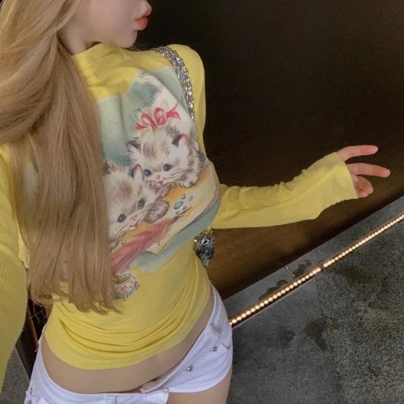 Sweet Sexy Kawaii Cat Print Camisetas Half High Collar Women Vintage Short Tshirts Y2k Slim Waist Crop Tops Skinny Yellow Tees
