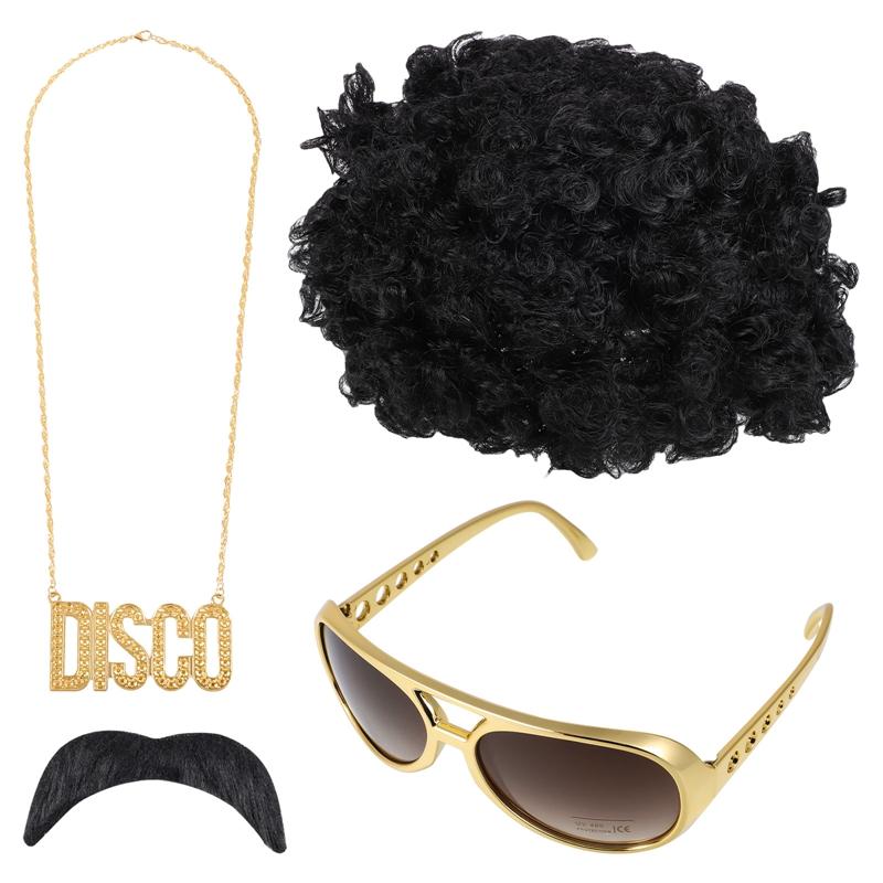 New Year Party Festival Hippie Suit Exaggerated Wig Sunglasses and Necklace 2/3/4 Piece Set Halloween Hip Hop Costume Suit