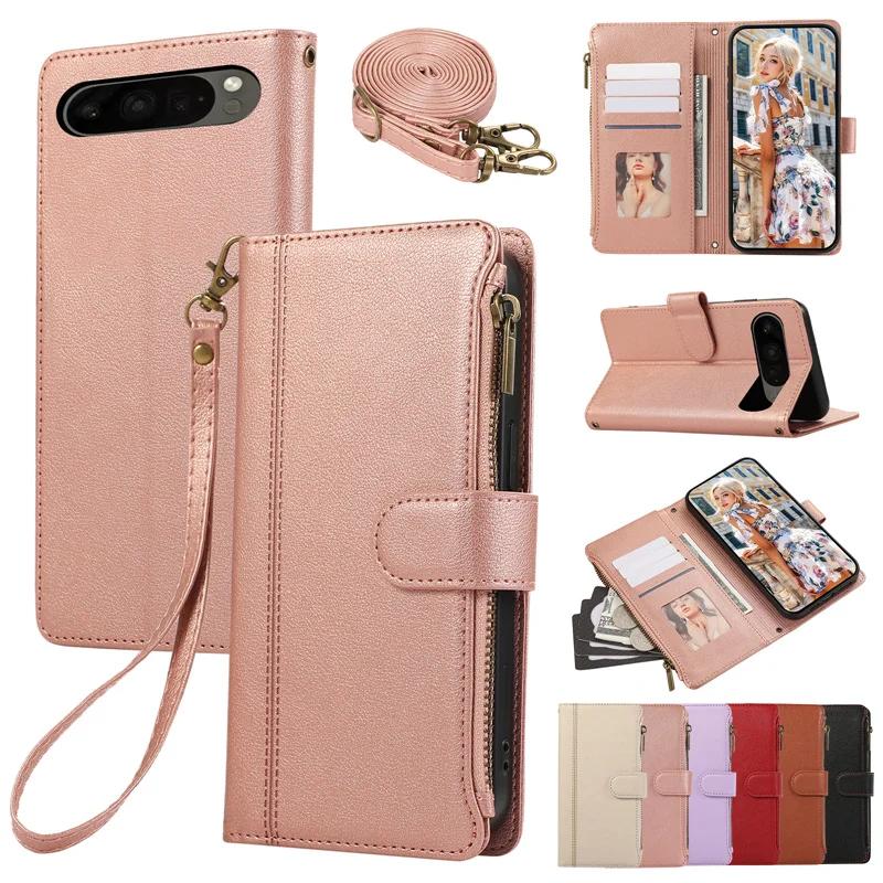 Wrist Strap Crossbody Wallet with Card Holder Phone Case for Google Pixel 9 8 7 6 Pro 8A 7A Protective Shockproof Leather Cover