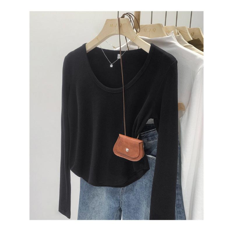 Quality U-neck inner top women s spring and autumn wear with Maillard slim-fit T-shirt front shoulder long-sleeved bottoming shirt S