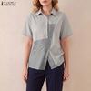 Women Casual Turn Down Collar Stripe Patchwork Short Sleeve Blouse