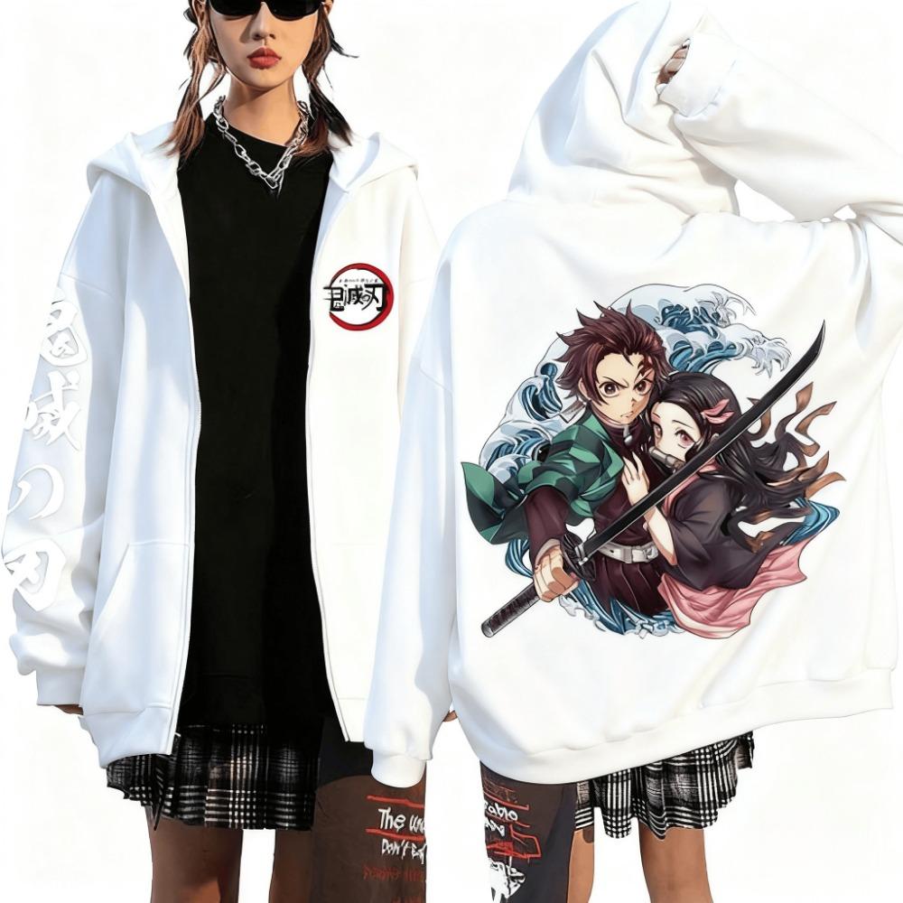New Oversized Demon Slayer Anime Zipper Hooded Jacket Men Women Unisex Pullover Sweatshirt Casual Streetwear Autumn Winter XXL 1600₽