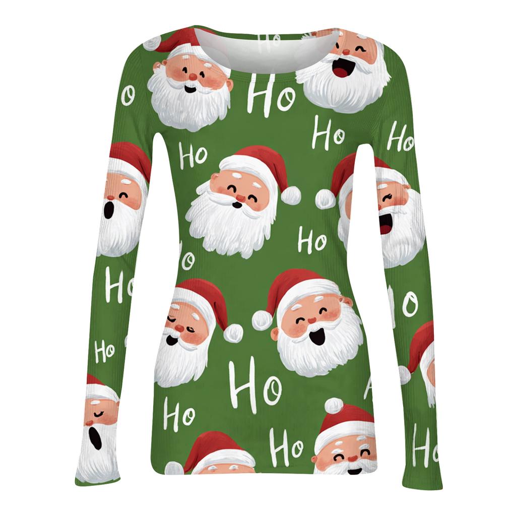 Women's Fashion Slim-Fit Round Neck Base Layer T-Shirt Christmas Print Long-Sleeved Top