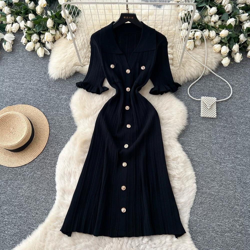 Summer Autumn Pink Button-Down Short Sleeve Short Knit Dress for Women Elegant Turn Down Collar Single-breasted Ruffles Slim Sweater Dresses