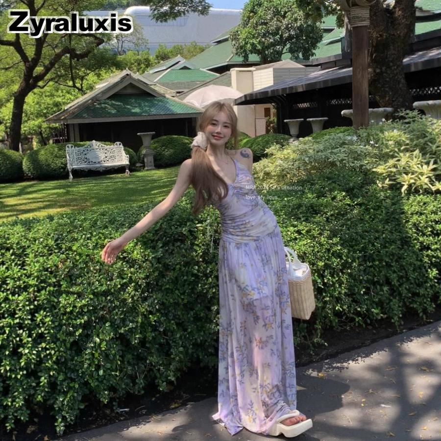 Ruffled Floral Flirty Dress for Women, Backless Suspender Long Skirt Summer Vacation Chiffon Mesh A-Line Bodycon