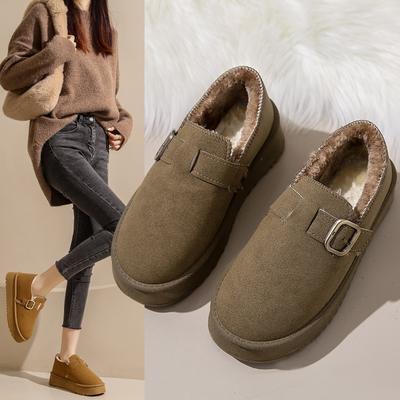 Mode Damen Wildleder Pantoletten Plateau Flats Boston 2024 Mode Retro Outdoor Schneestiefel Winter Neu Komfort Hausschuh Plüsch Dicke Baumwolle